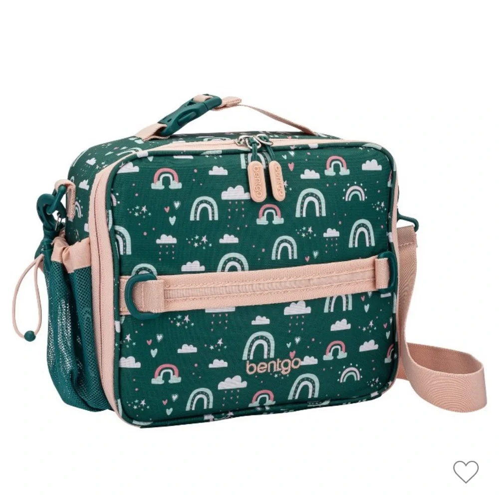 Bentgo Kids Double Insulated Lunch Bag Green Pink Rainbow Print Shoulder Strap